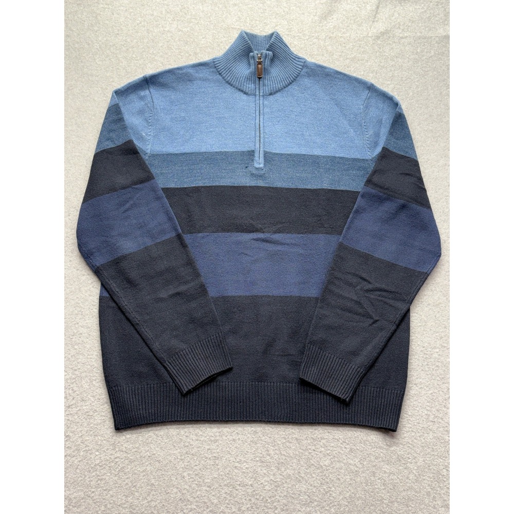 Tricots St Raphael Mens Blue Striped Quarter Zip Pullover Sweater Large